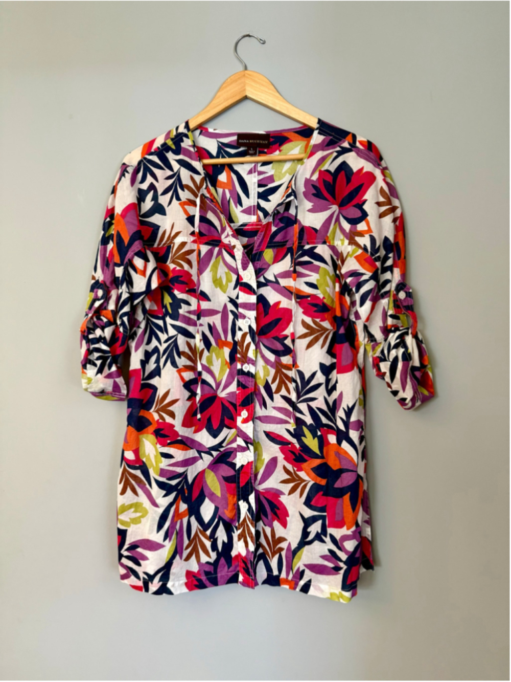 Women's Dana Buchman Floral Caftan Oversize Flowy Blouse Size L Multi-color